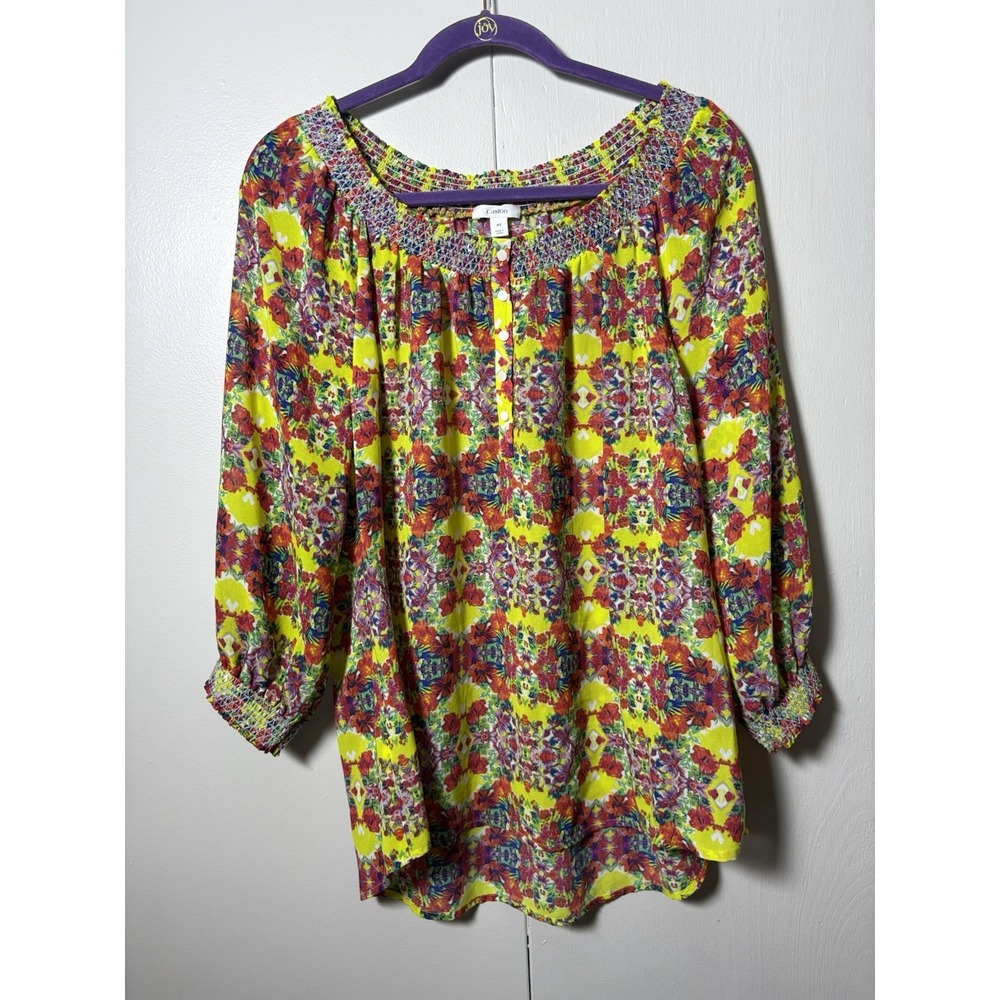 Caslon XL Floral Peasant Blouse Boho Smocked Neck Yellow Coastal Garden Party